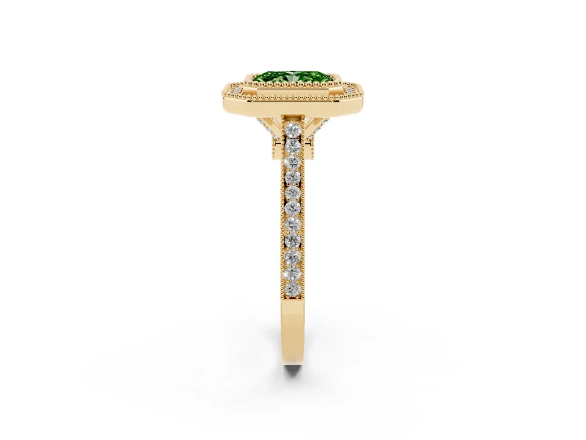 Fancy Green Radiant Cut Diamond Halo Ring with Milgrain Frame and Pavé Band Yellow gold
