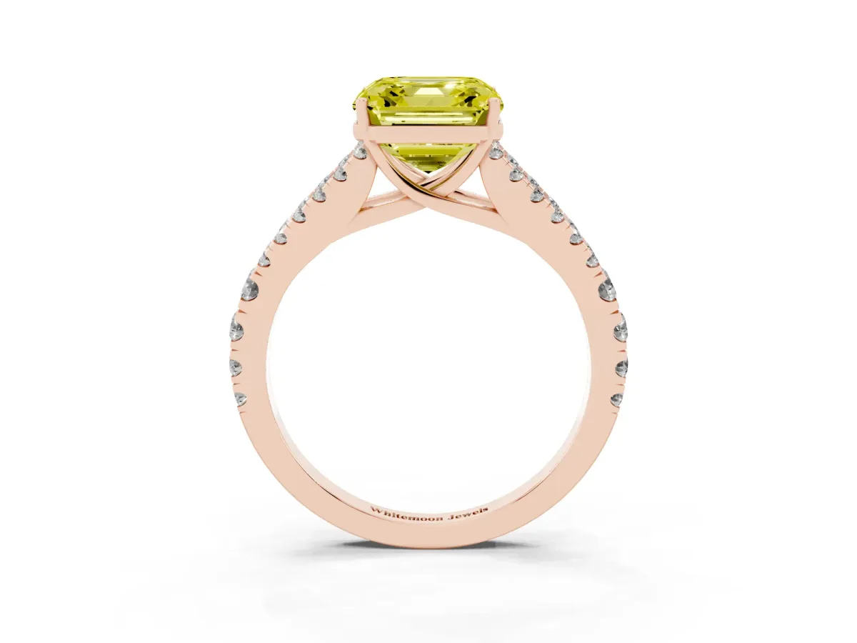 Fancy Yellow Asscher Cut Diamond Split Shank Pavé Engagement Ring with Four-Prong Setting Rose gold