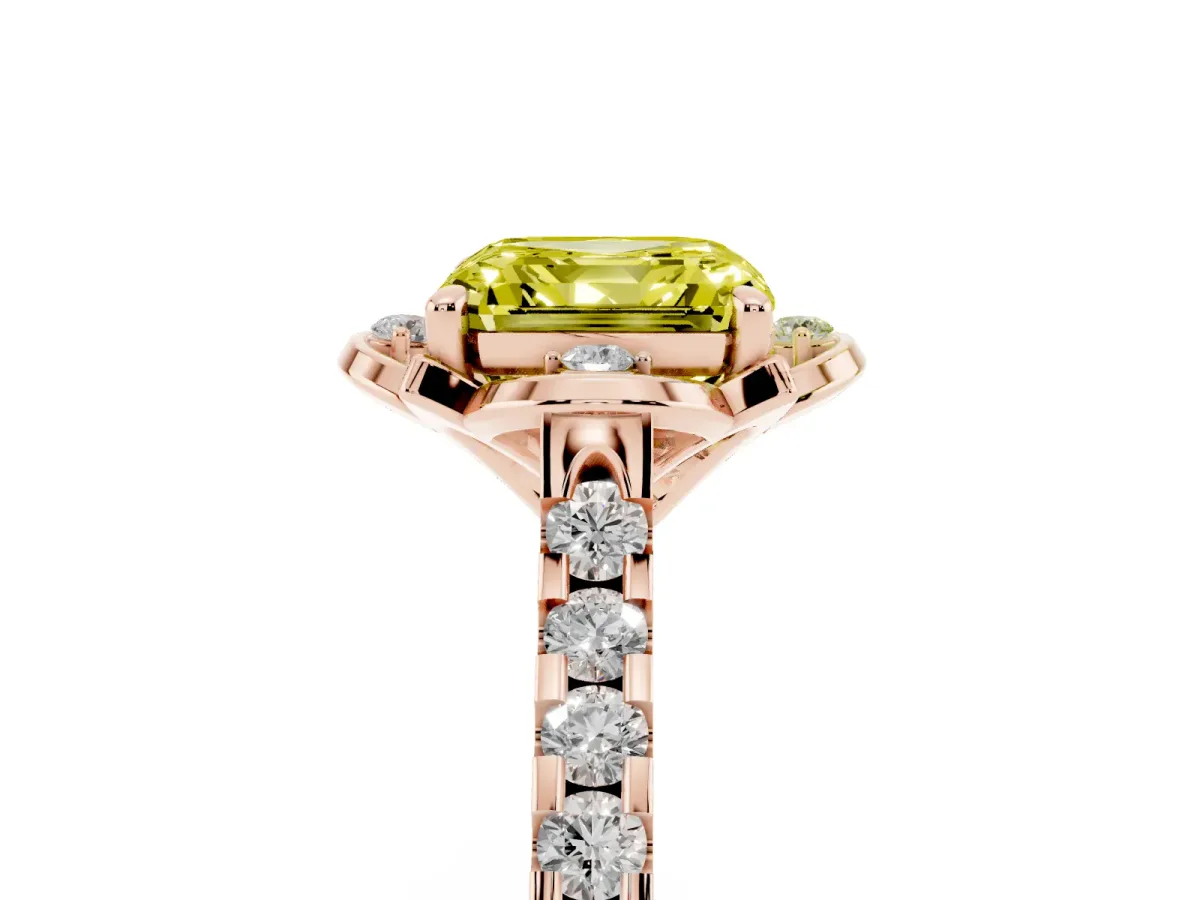 Fancy Yellow Asscher Cut Diamond Ring with Pavé Band and Floral Prong Setting Rose gold