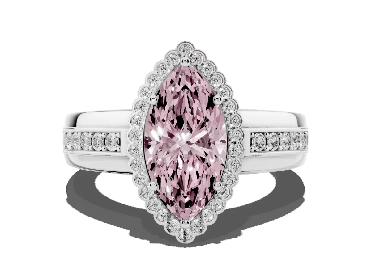 Fancy Pink Marquise Cut Cut Halo Pave Band Four-Prong Ring Platinum