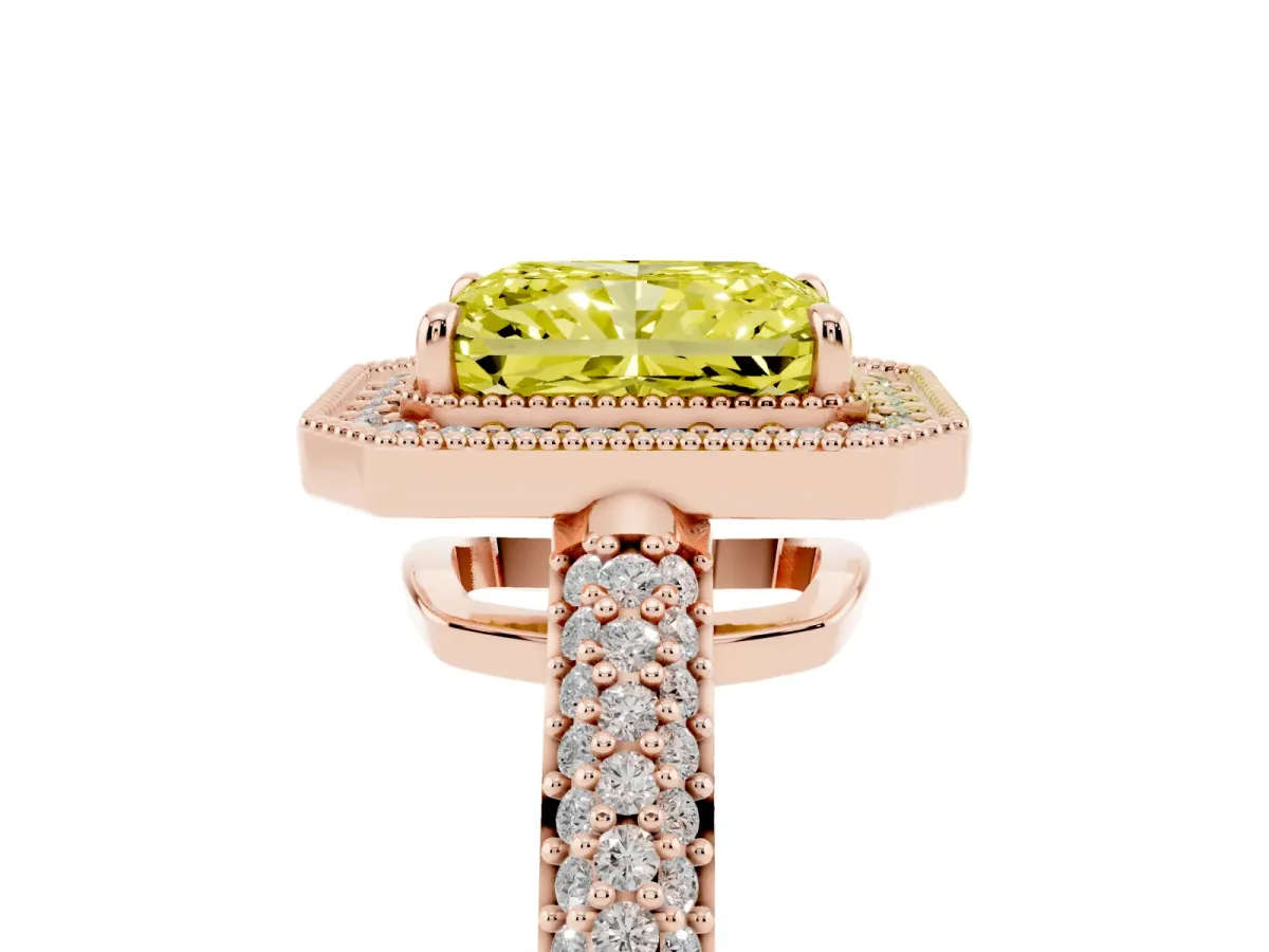 Fancy Yellow Radiant Cut Cut Halo Diamond Pave Band with Four-Prong Setting Rose gold