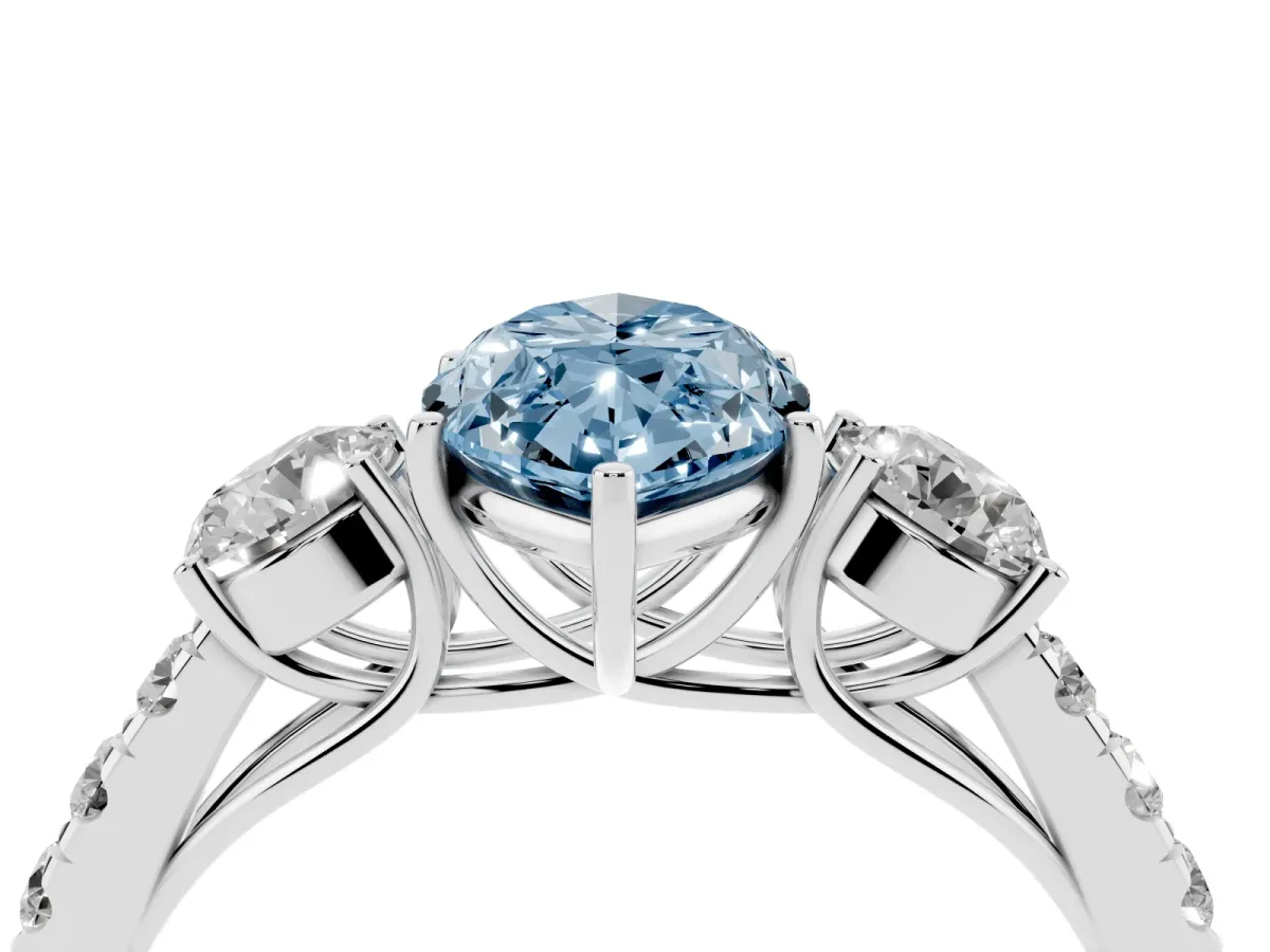 Fancy Blue Marquise Cut Cut Diamond Three-Stone Ring with Round Side Stones and Pavé Band Silver