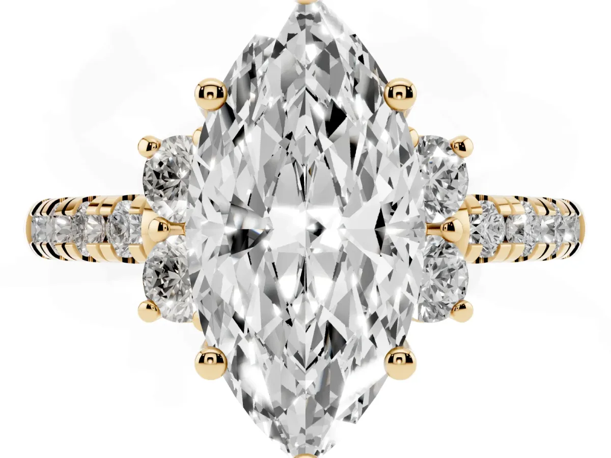 Marquise Cut Diamond Three-Stone Pave Band with Four-Prong Setting Yellow gold