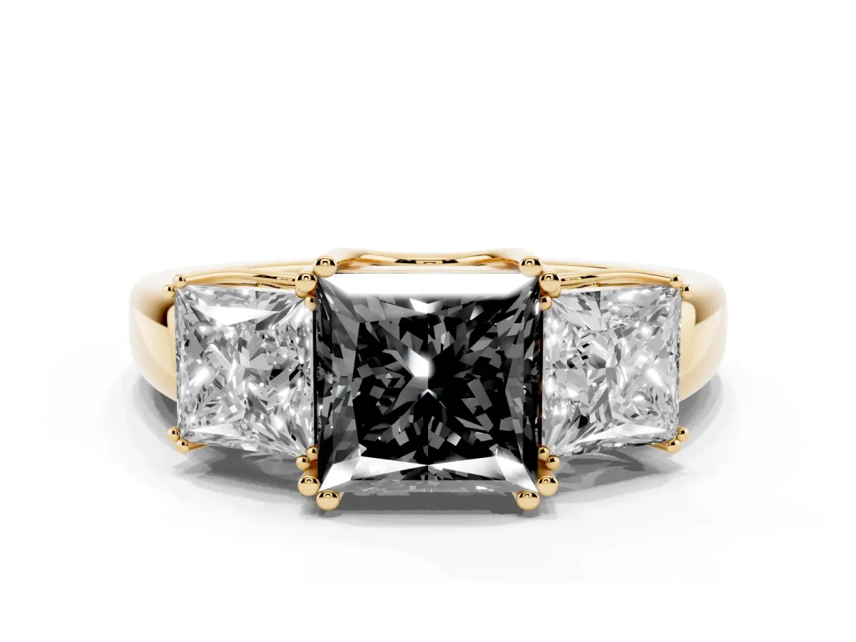 Fancy Black Three-Stone Princess Cut Cut Diamond Ring with Channel Set Band and Four-Prong Setting Yellow gold