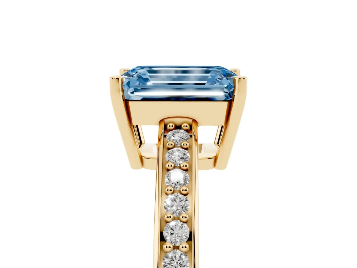 Fancy Blue Emerald Cut Solitaire Pavé Band Prong Setting Ring Yellow gold