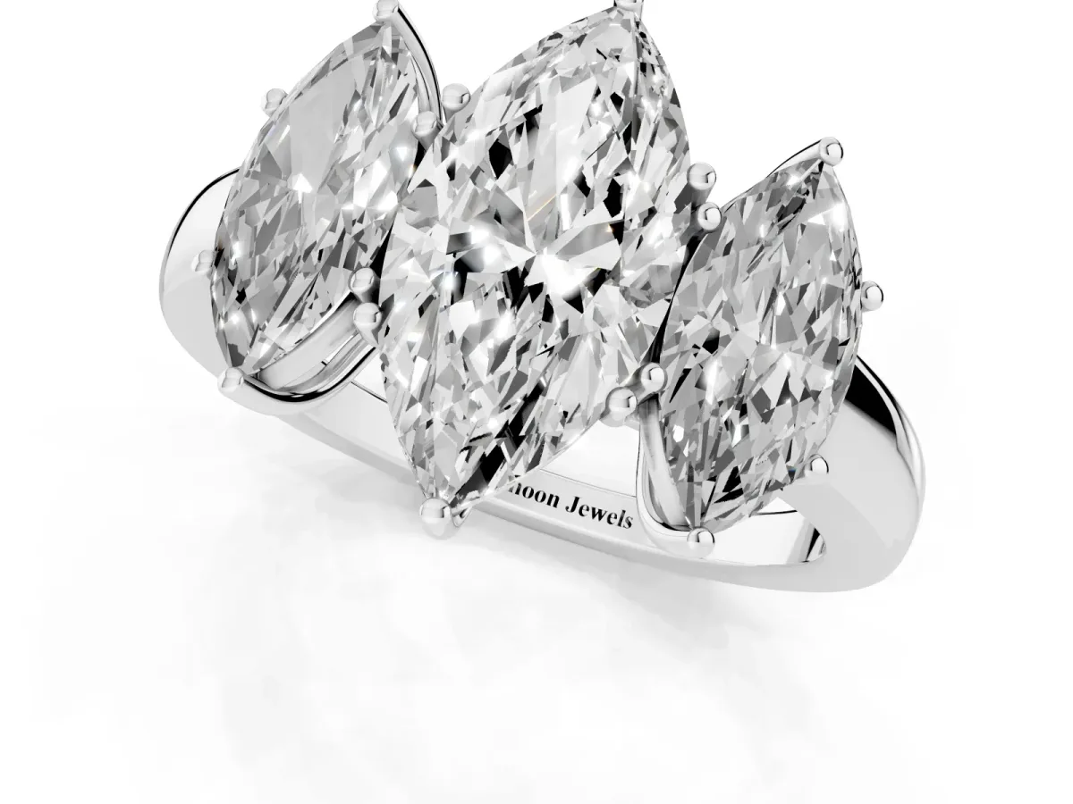 Marquise Cut Diamond Three-Stone Ring with Four-Prong Setting and Classic Band Silver
