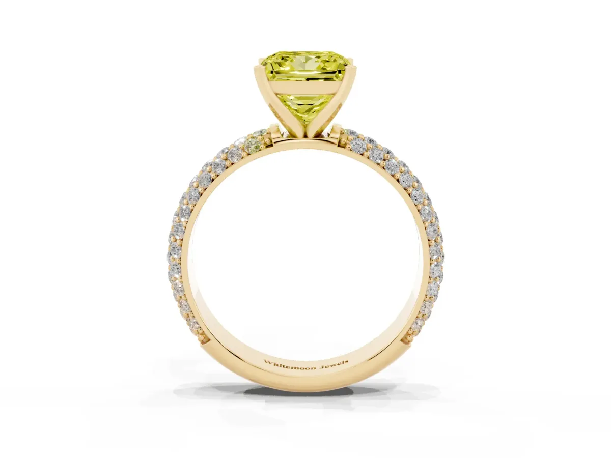 Fancy Yellow Princess Cut Diamond Solitaire Ring with Prong Setting and Pavé Band Yellow gold