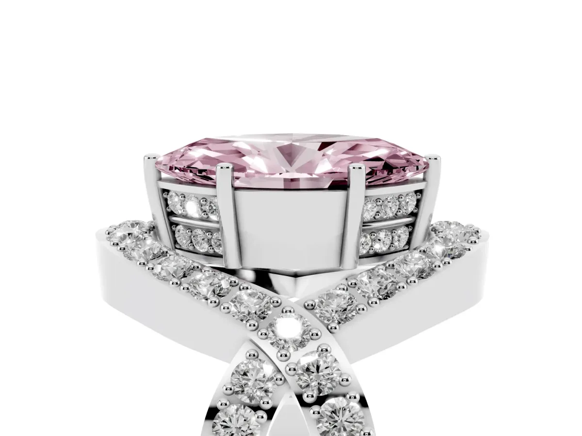 Fancy Pink Marquise Cut Solitaire Twist Band Pavé Diamond Engagement Ring Silver