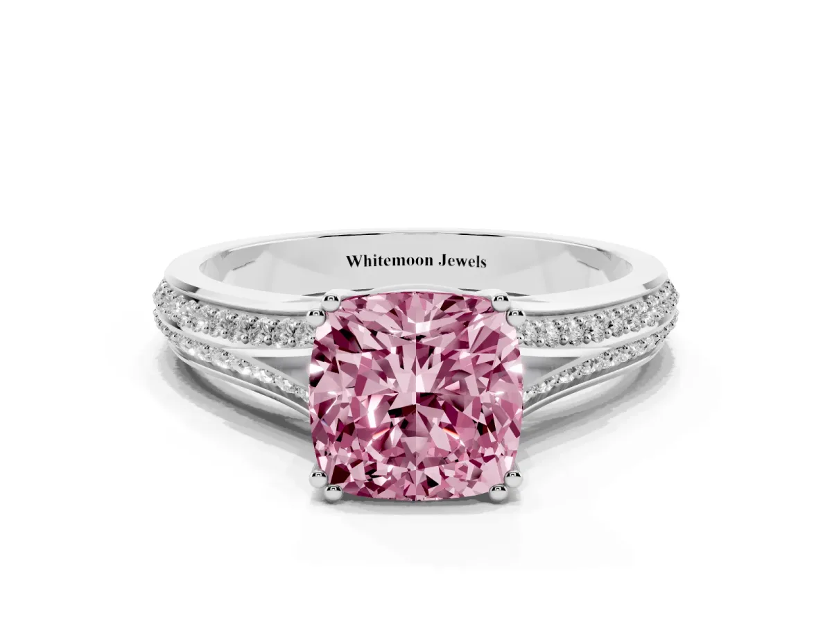 Fancy Pink Cushion Cut Diamond Split Shank Engagement Ring with Pavé Band Silver