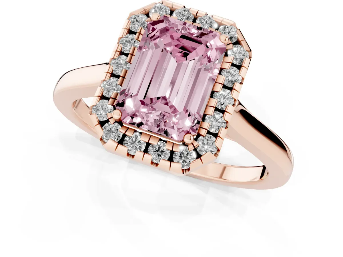 Fancy Pink Emerald Cut Halo Round Diamond Solitaire Ring with Pavé Band and Four-Prong Setting Rose gold
