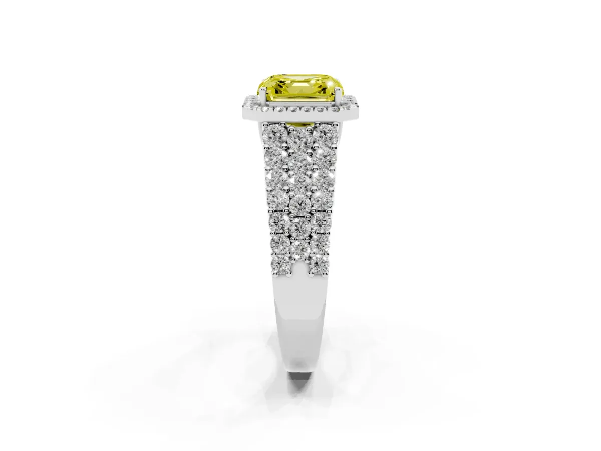Fancy Yellow Asscher Cut Diamond Halo Engagement Ring with Triple Row Round Pavé Band and Prong Setting White gold