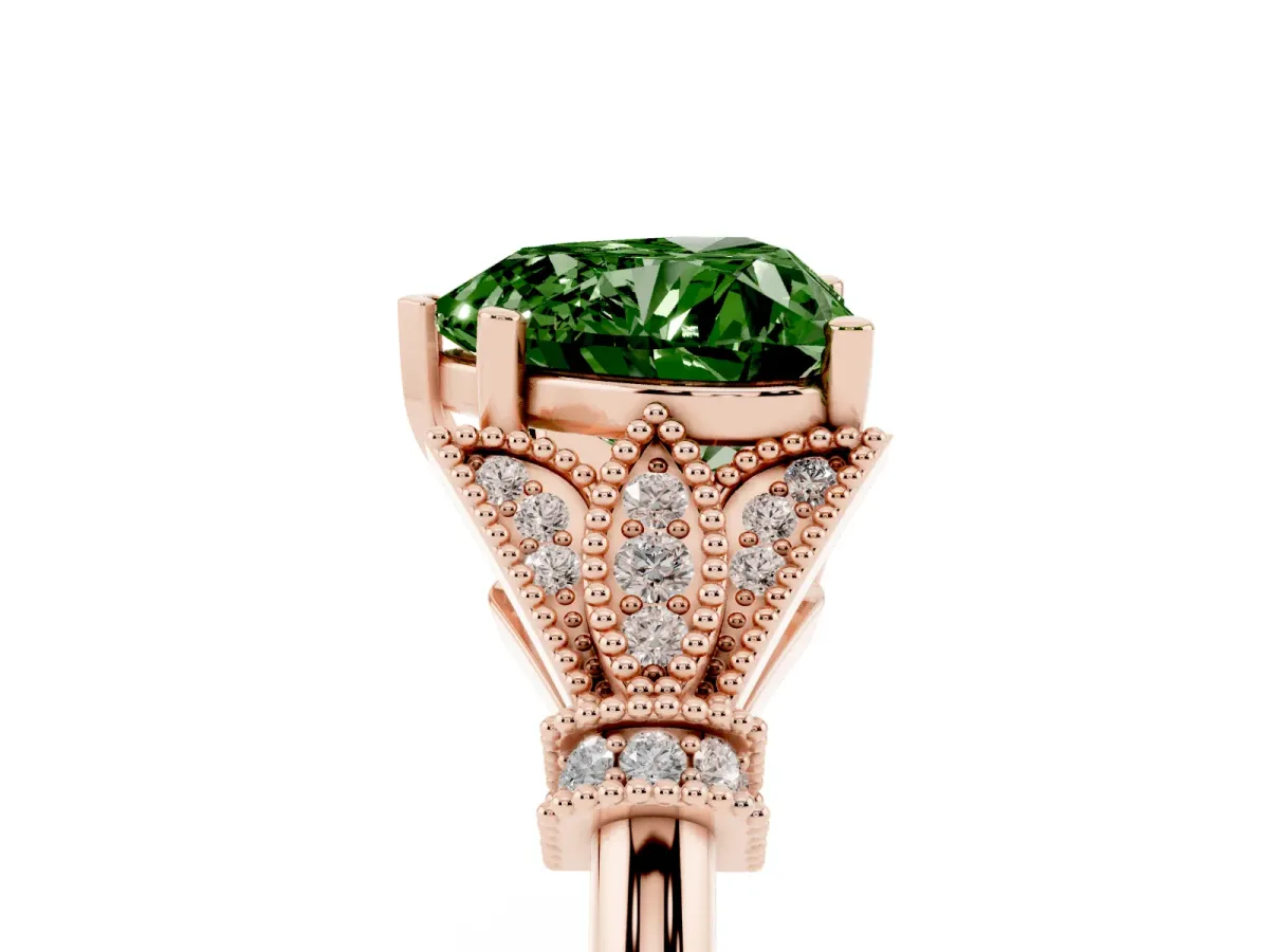 Fancy Green Heart Cut Diamond Solitaire Ring with Floral Filigree and Pave Accents Rose gold