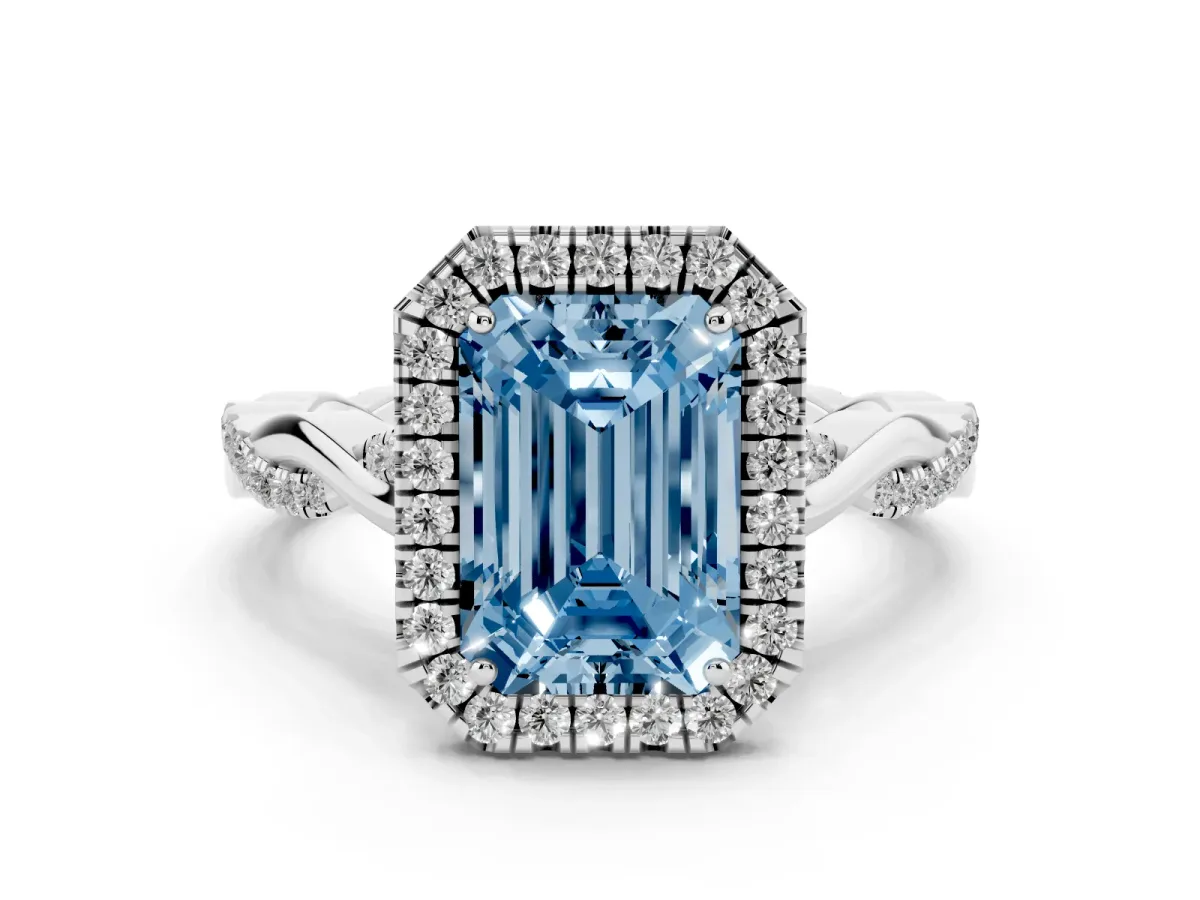 Fancy Blue Emerald Cut Halo Twist Band Solitaire Ring Silver