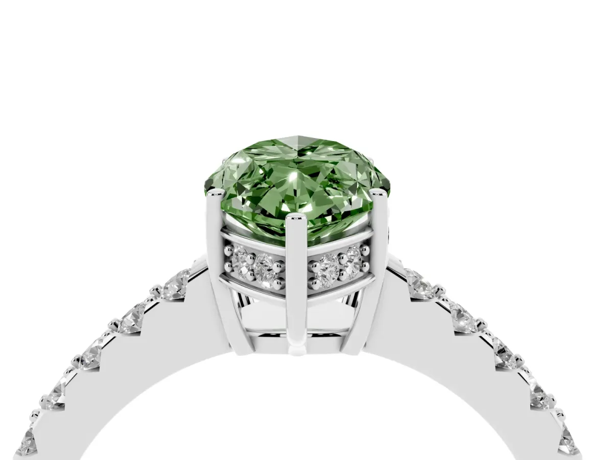 Fancy Green Marquise Cut Solitaire Diamond Engagement Ring with Pavé Band and Six-Prong Setting Silver