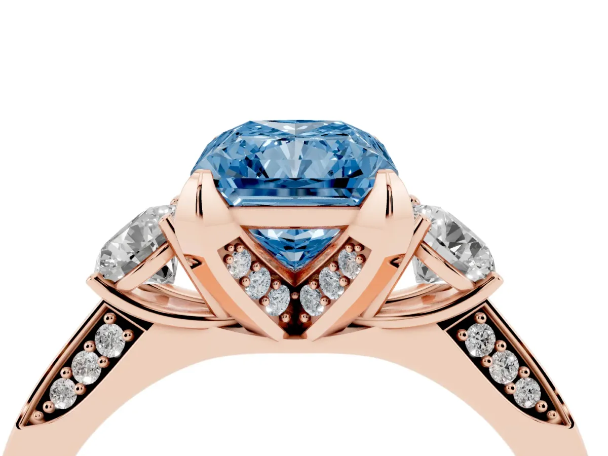 Fancy Blue Radiant Cut Brilliant Three-Stone Diamond Ring with Pavé Band and Four-Prong Setting Rose gold