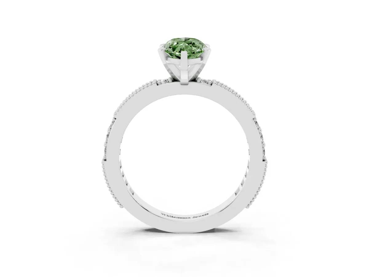 Fancy Green Marquise Cut Solitaire with Pavé Band and Four-Prong Setting Silver