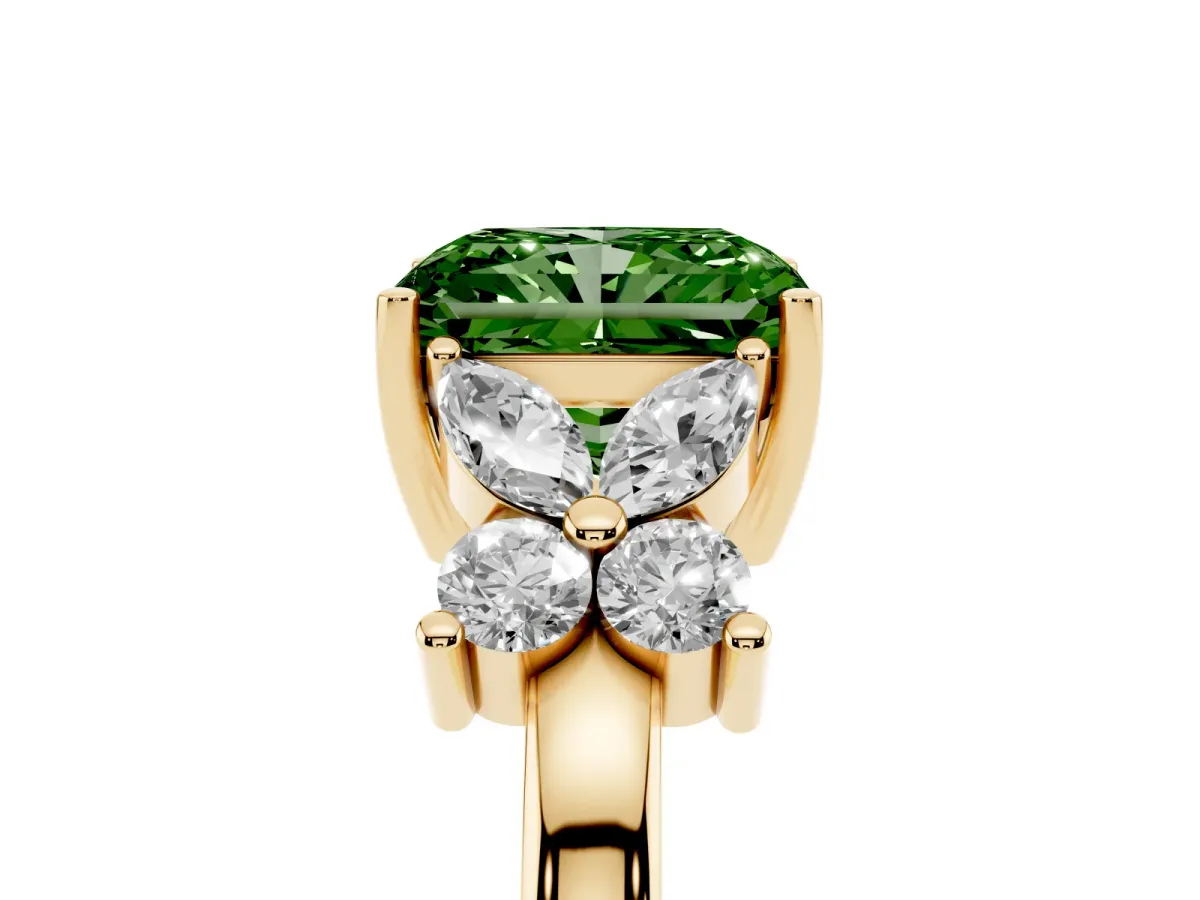 Fancy Green Radiant Cut Diamond Floral Cluster Ring with Solitaire Band and Prong Setting Yellow gold