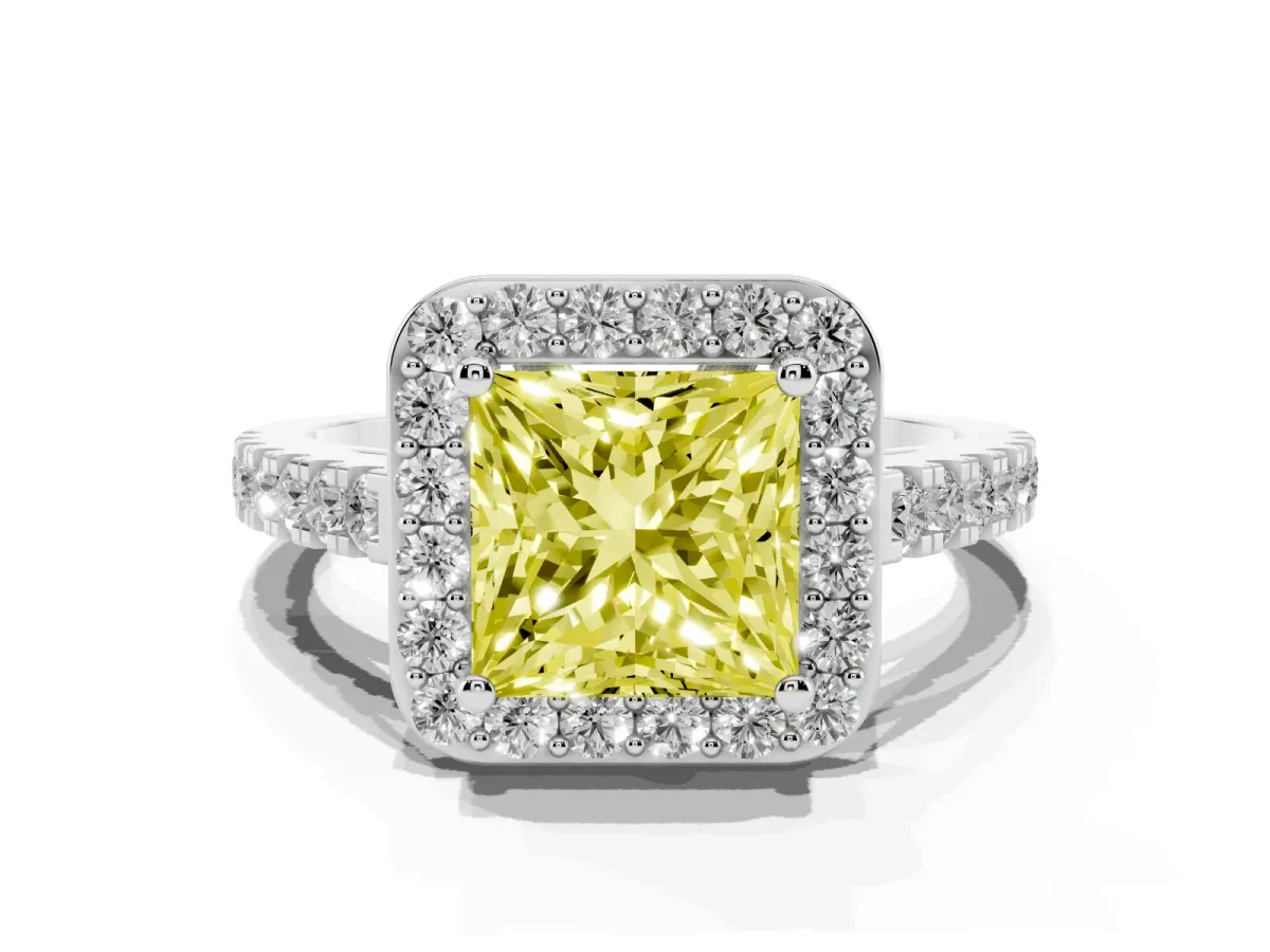 Fancy Yellow Princess Cut Diamond Halo Ring with Round Pavé Split Shank and Prong Setting Silver
