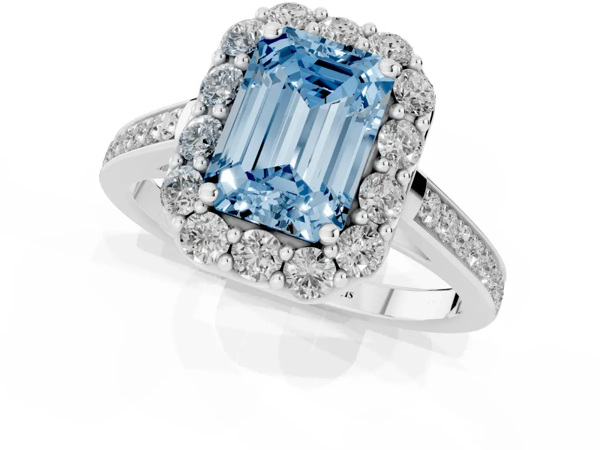 Fancy Blue Emerald Cut Diamond Floral Halo Ring with Pavé Band and Prong Setting White gold