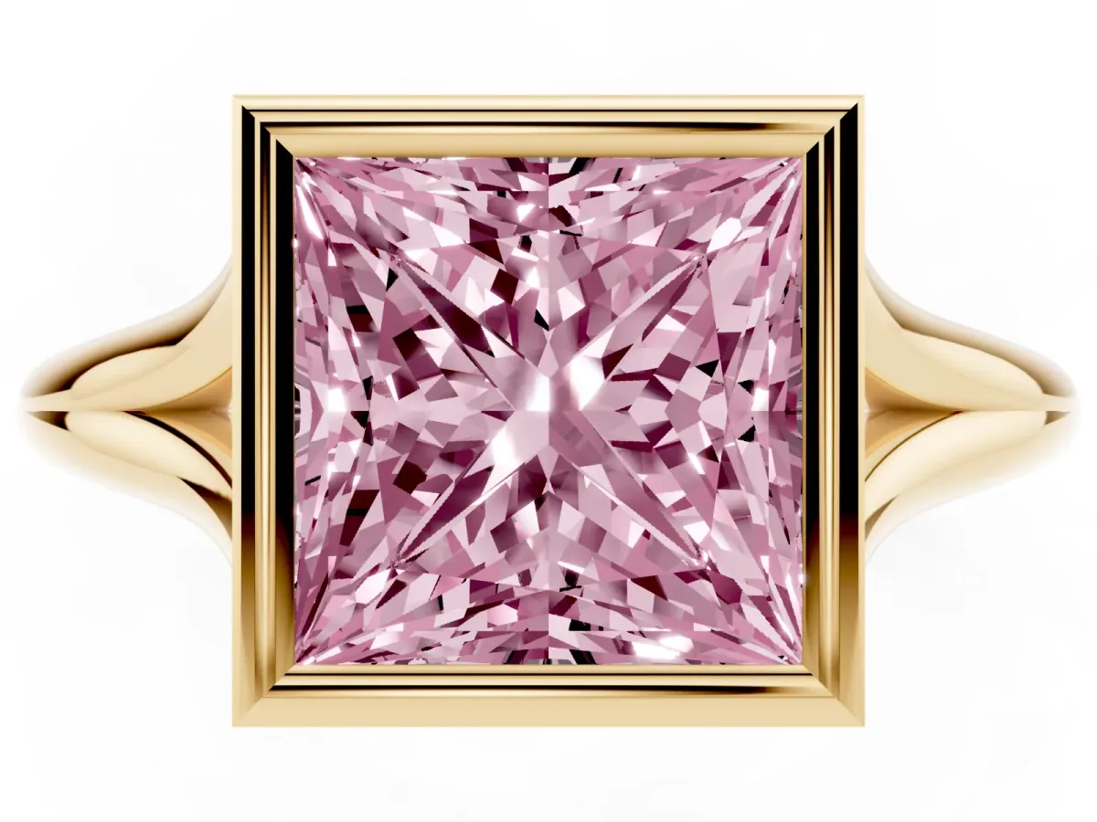 Fancy Pink Bezel Set Princess Cut Cut Solitaire Ring with Tapered Band Yellow gold