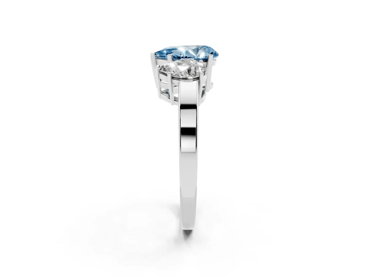 Fancy Blue Three-Stone Pear Cut Cut Diamond Engagement Ring with Flat Band and Four-Prong Setting Platinum