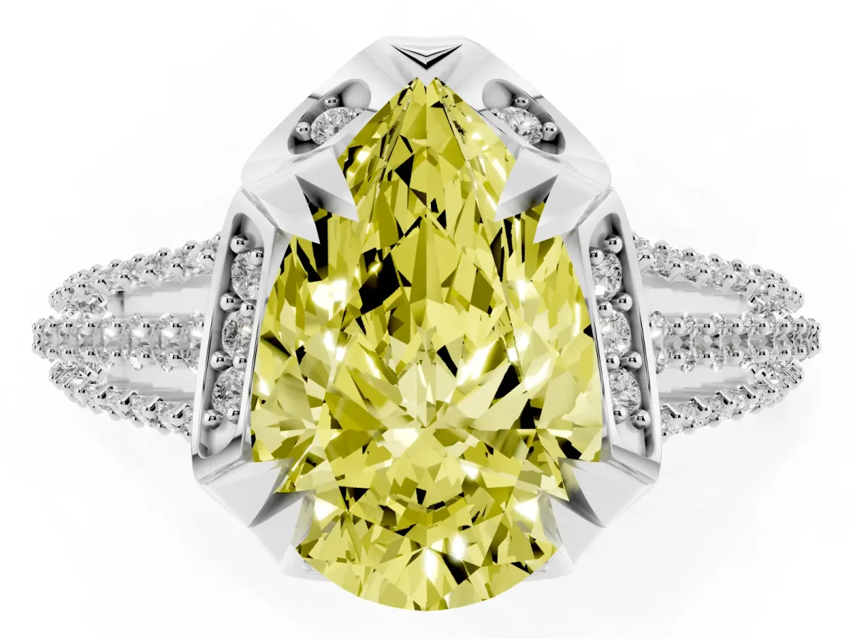 Fancy Yellow Pear Cut Solitaire Pave Split Shank Ring with Four-Prong Setting Silver