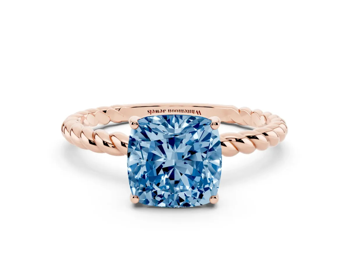 Fancy Blue Cushion Cut Solitaire Twisted Band 4-Prong Ring Rose gold