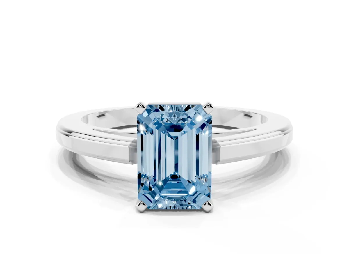 Fancy Blue Emerald Cut Solitaire Diamond Ring with Four-Prong Setting and Classic Band Platinum