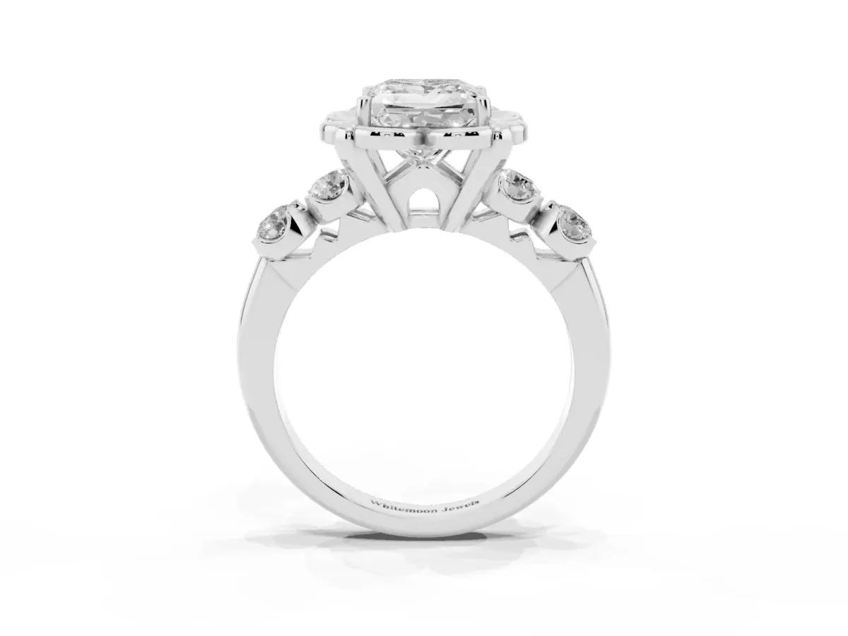 Princess Cut Cut Diamond Floral Halo Engagement Ring with Shared Prong Setting Silver