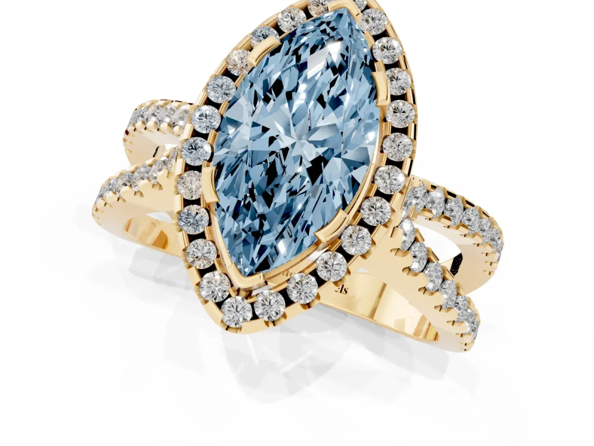 Fancy Blue Marquise Cut Diamond Halo Ring with Split Shank Pavé Band and Prong Setting Yellow gold