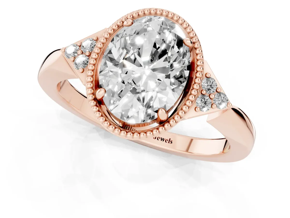Oval Cut Diamond Halo Ring with Tapered Band and Four-Prong Setting Rose gold