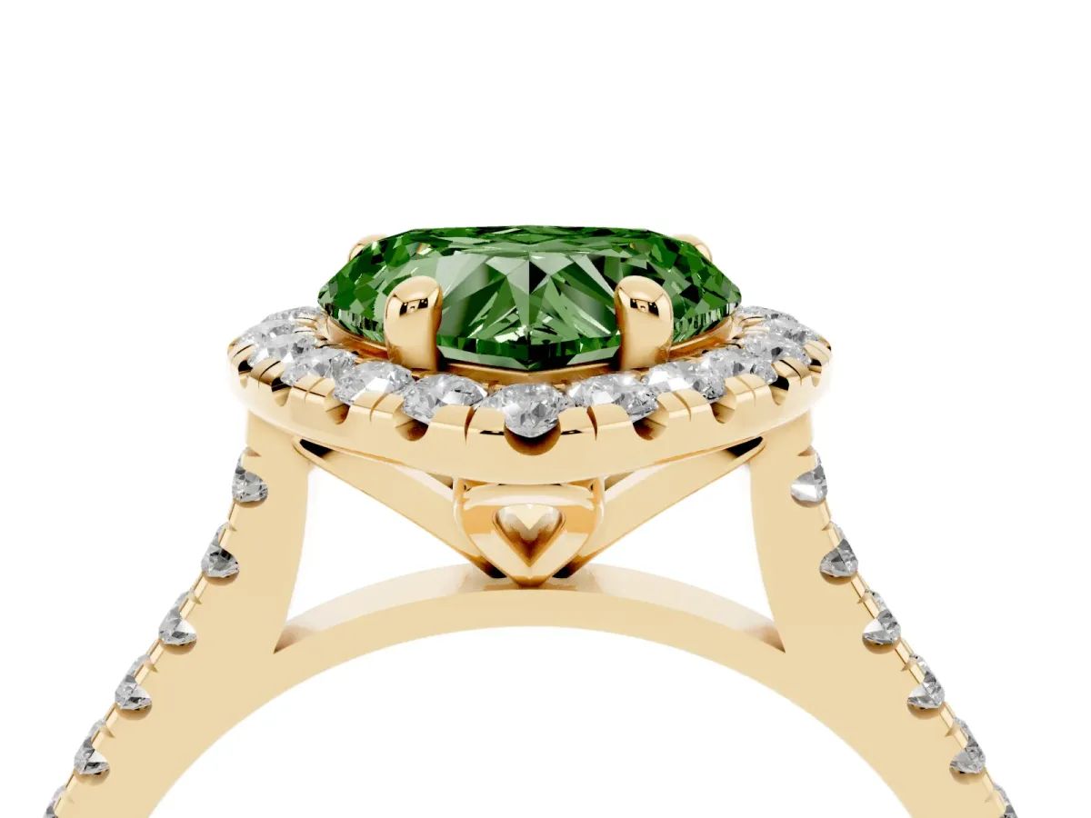 Fancy Green Heart Cut Diamond Cushion Halo Ring with Pavé Band Yellow gold