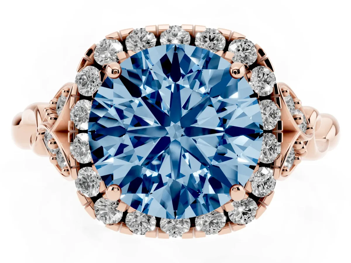 Fancy Blue Round Cut Halo Diamond Engagement Ring with Vintage-Inspired Band and Four-Prong Setting Rose gold