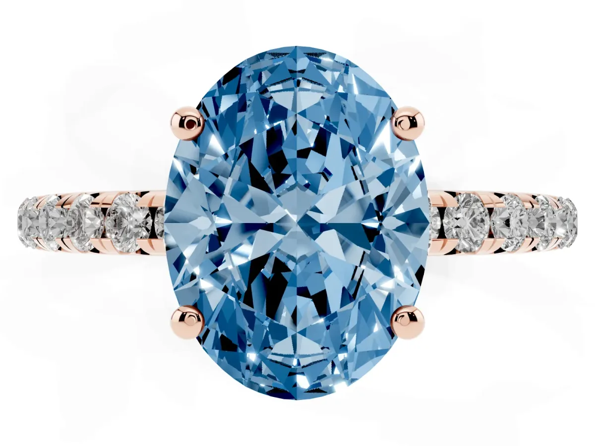 Fancy Blue Oval Cut Cut Diamond Solitaire Ring with Micro Pave Band and Four Prong Setting Rose gold