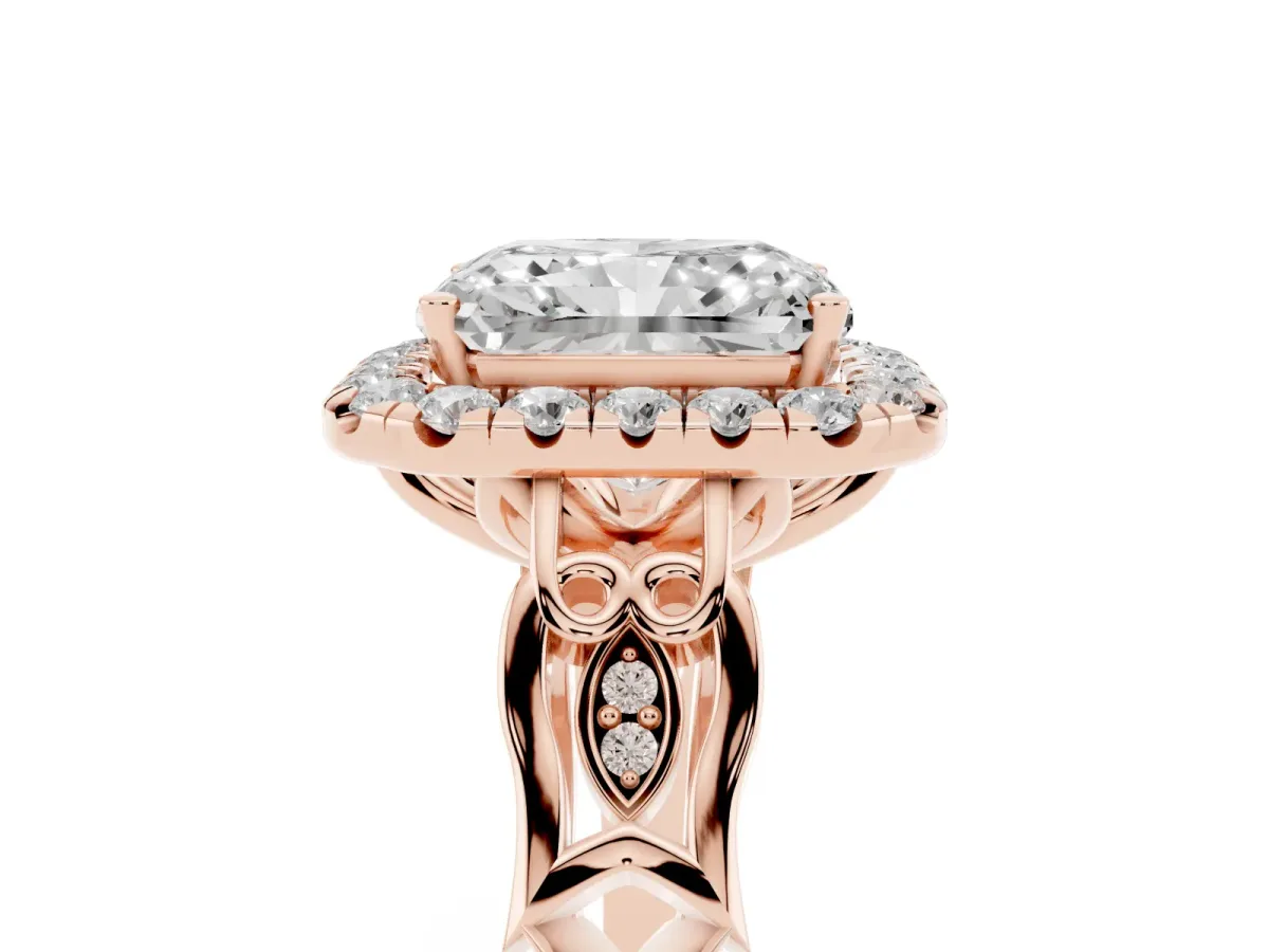 Radiant Cut Halo Diamond Engagement Ring with Filigree Band and Four-Prong Setting Rose gold