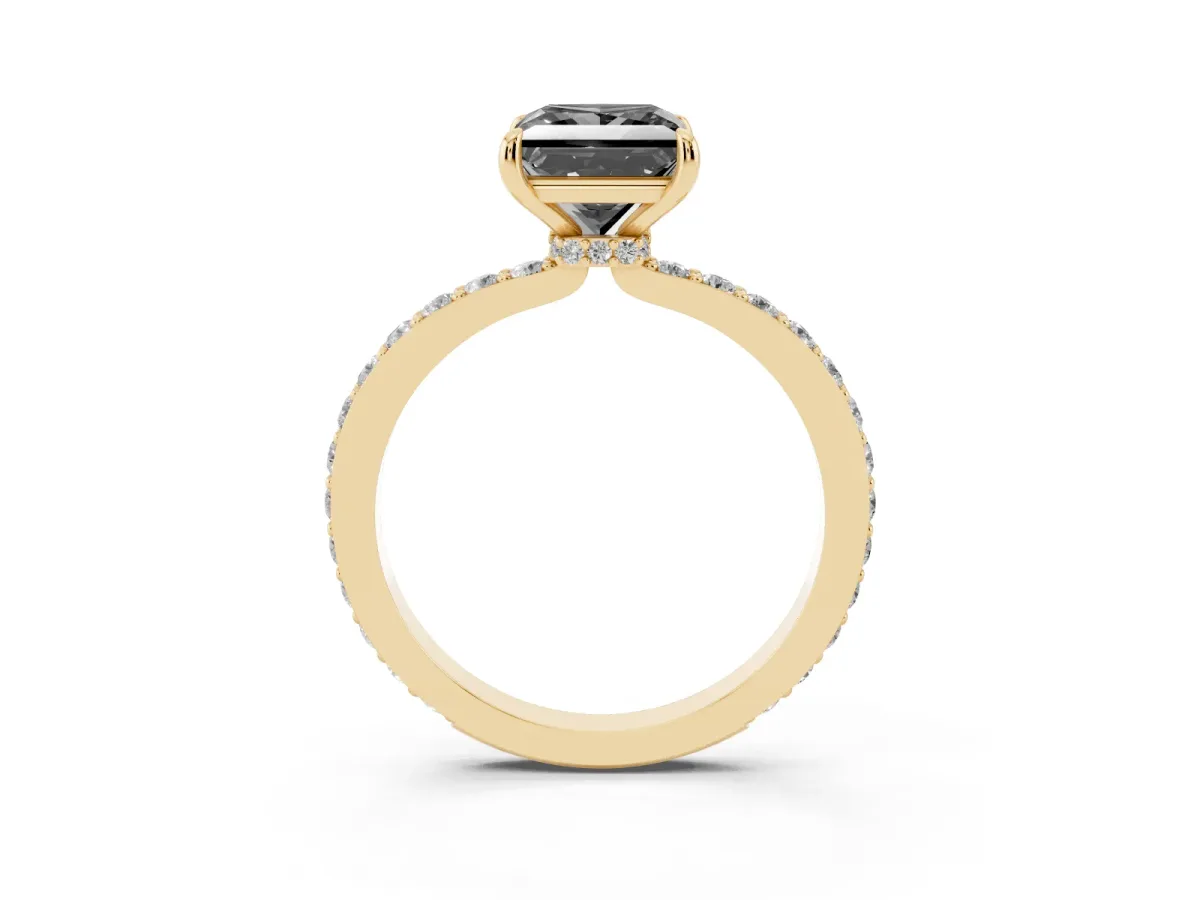 Fancy Black Princess Cut Diamond Solitaire Engagement Ring with Pavé Band and Four-Prong Setting Yellow gold