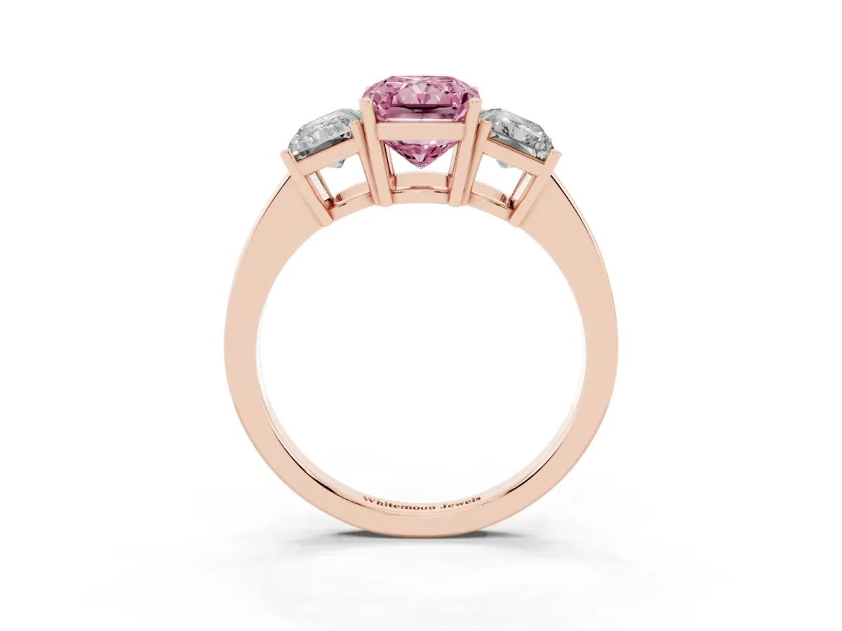 Fancy Pink Three-Stone Radiant Cut Cut Diamond Engagement Ring with Flat Band and Four-Prong Setting Rose gold