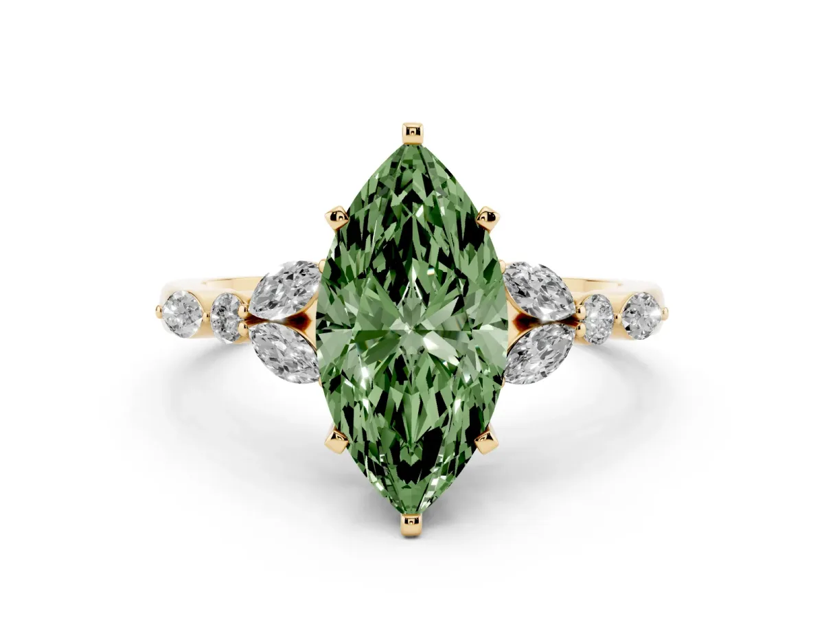 Fancy Green Marquise Cut Diamond Solitaire Ring with Side Stones and Four-Prong Setting Yellow gold