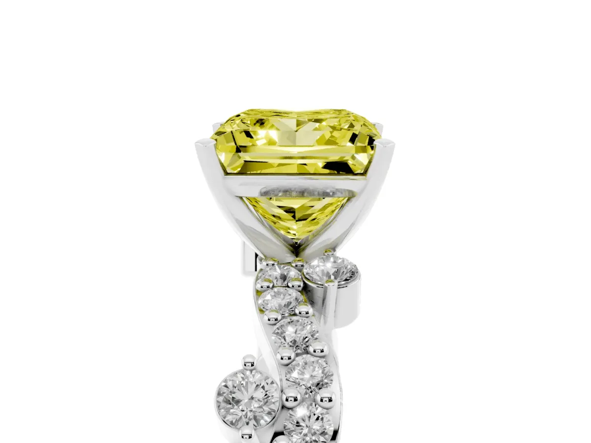 Fancy Yellow Princess Cut Cut Solitaire Diamond Twisted Band with Pave Setting Platinum
