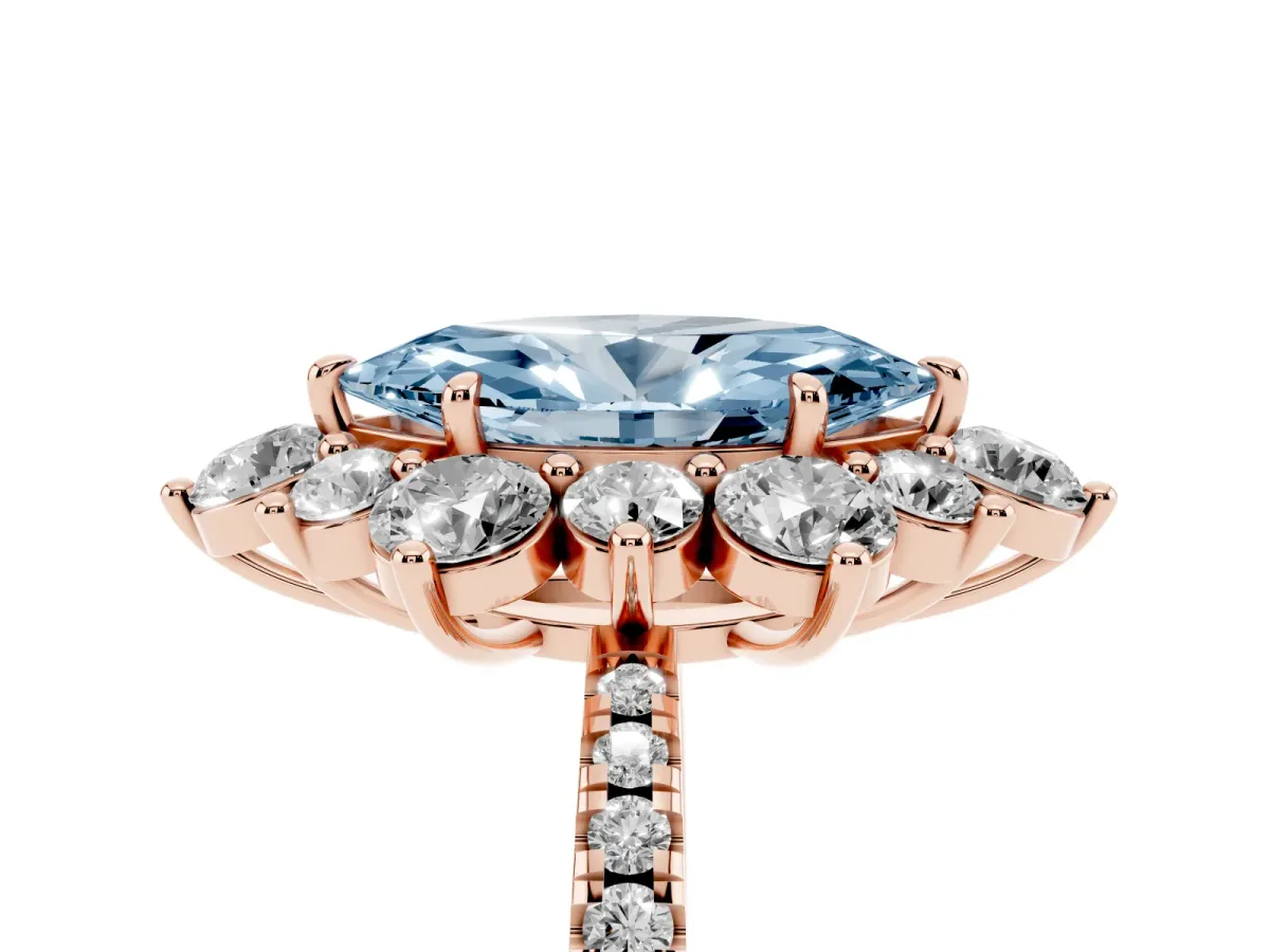 Fancy Blue Marquise Cut Diamond Floral Halo Ring with Round Pavé Band and Prong Setting Rose gold