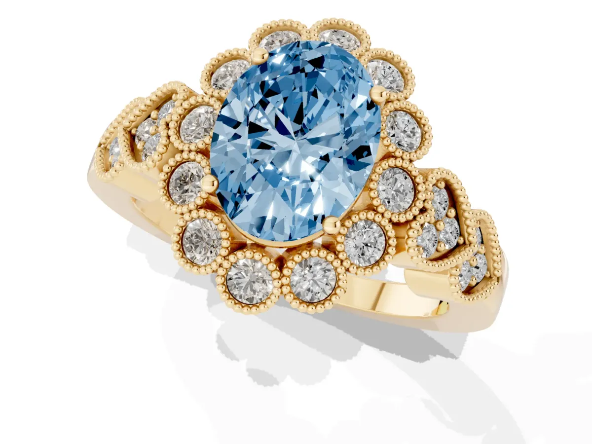 Fancy Blue Oval Cut Brilliant Milgrain Pave Heart Band Solitaire Ring Yellow gold