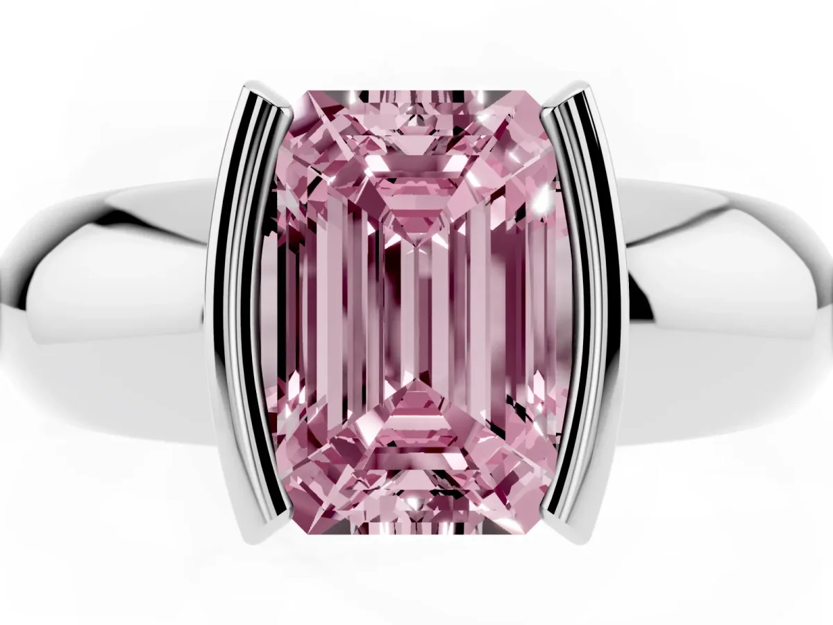 Fancy Pink Emerald Cut Solitaire Tension Set Diamond Ring with Wide Band White gold