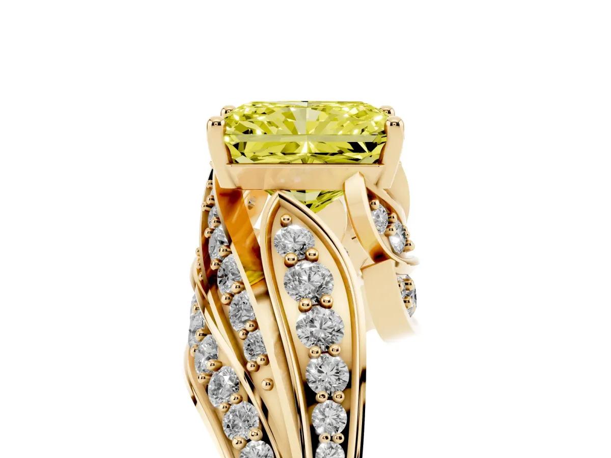Fancy Yellow Radiant Cut Diamond Solitaire Ring with Prong Setting and Twisted Pavé Band Yellow gold