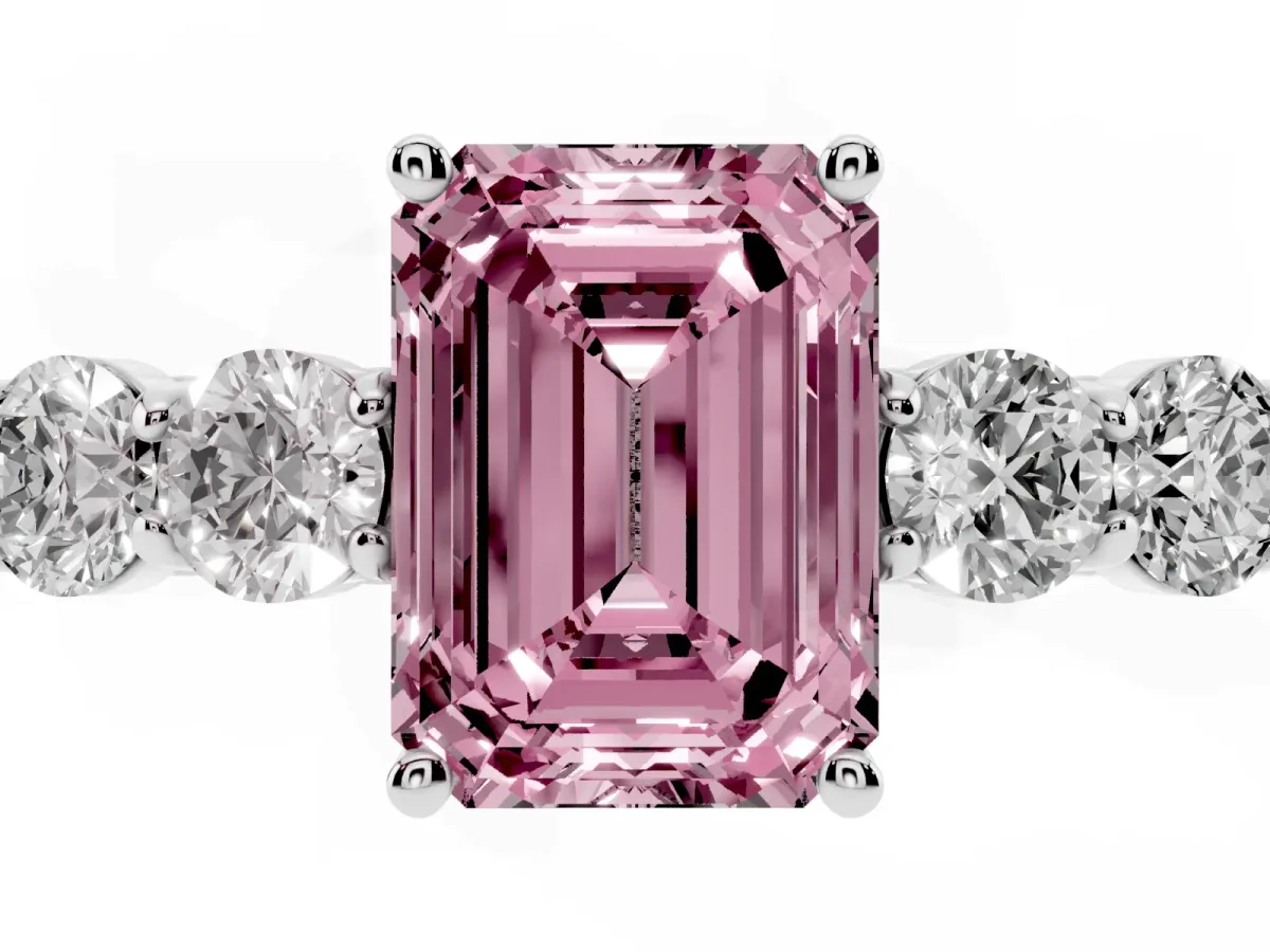 Fancy Pink Emerald Cut Cut Diamond Five-Stone Prong Set White Gold Ring Silver
