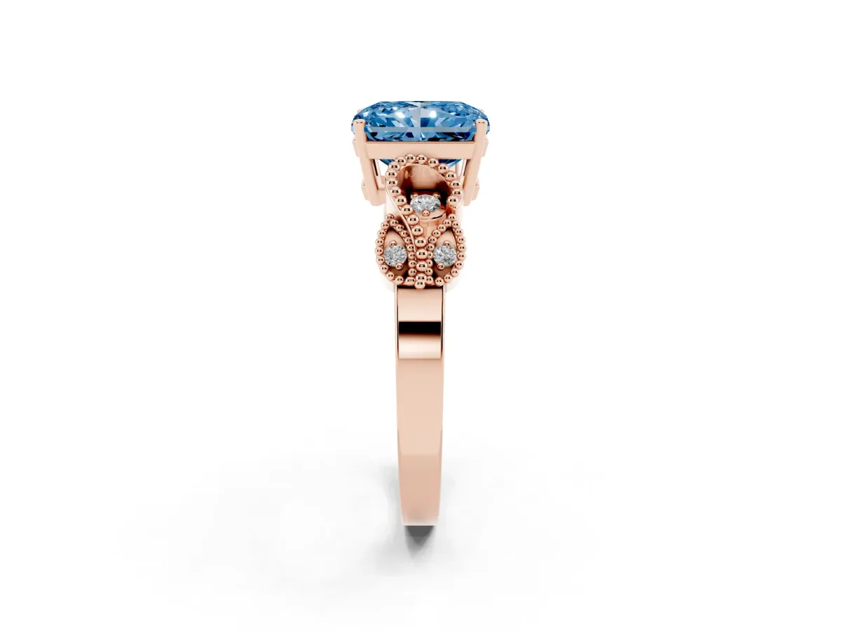 Fancy Blue Princess Cut Solitaire Milgrain Leaf Band with Prong Setting Rose gold