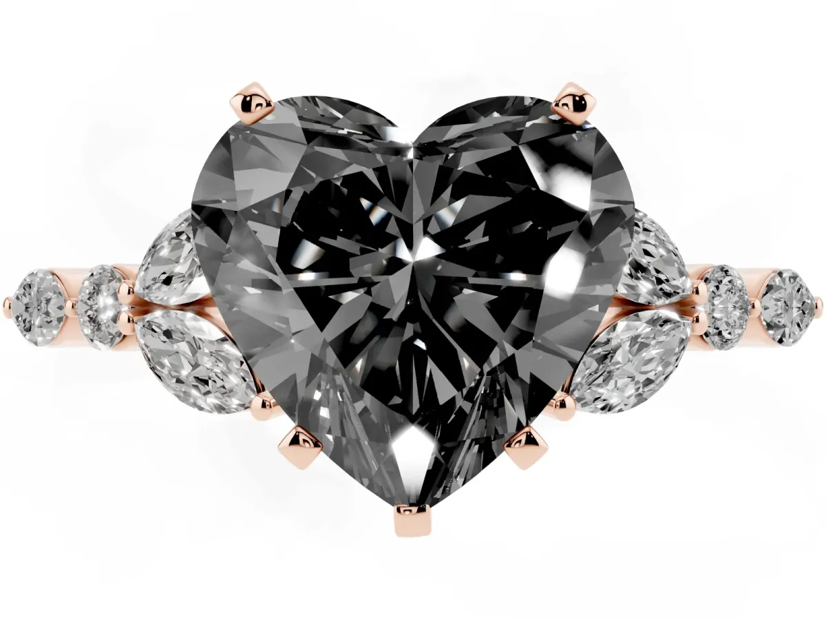 Fancy Black Heart Cut Diamond Solitaire Ring with Side Stones and Four-Prong Setting Rose gold