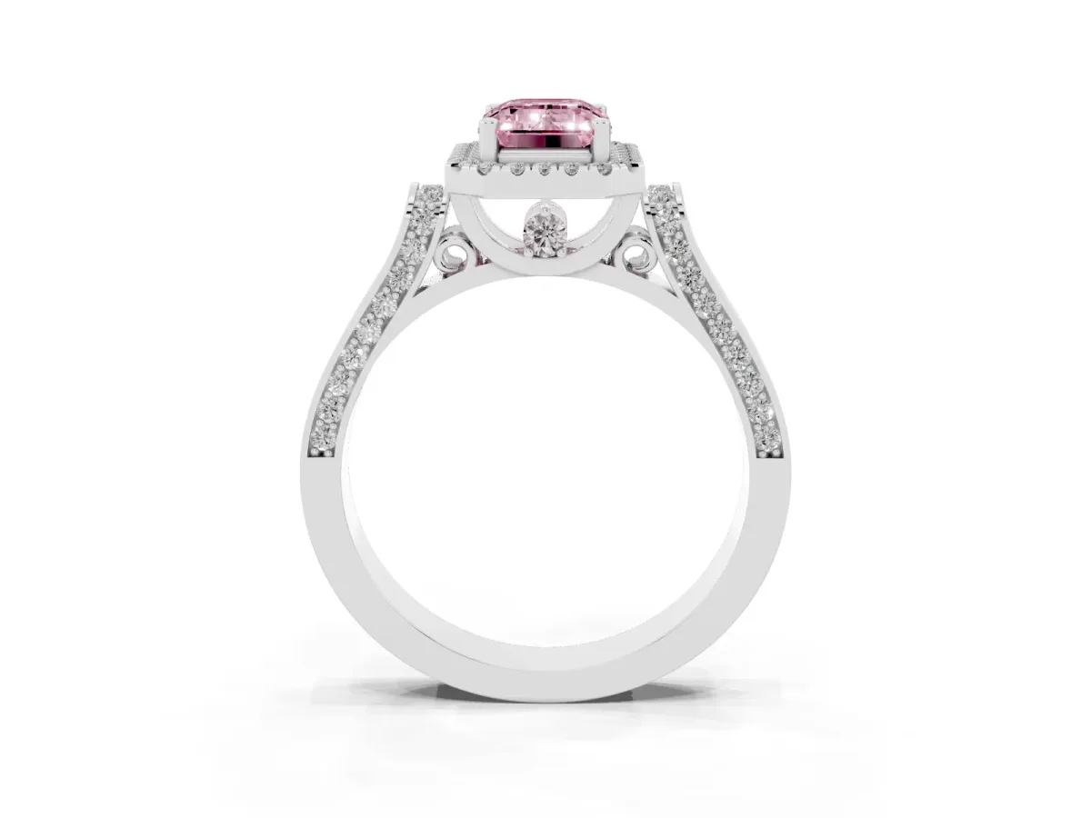 Fancy Pink Emerald Cut Halo Pave Split Shank Prong Setting Ring Silver