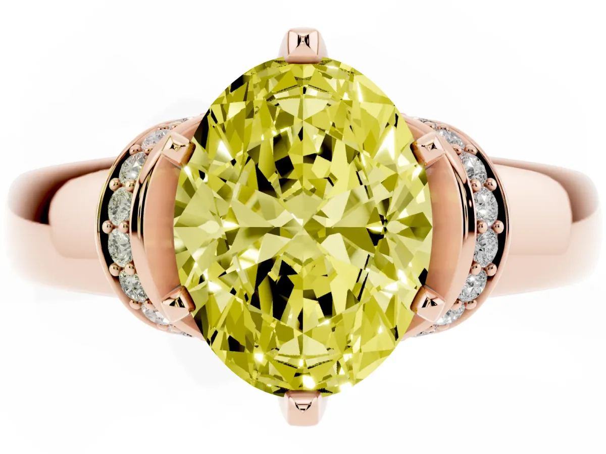 Fancy Yellow Oval Cut Solitaire Diamond Ring with Pave Band and Six-Prong Setting Rose gold
