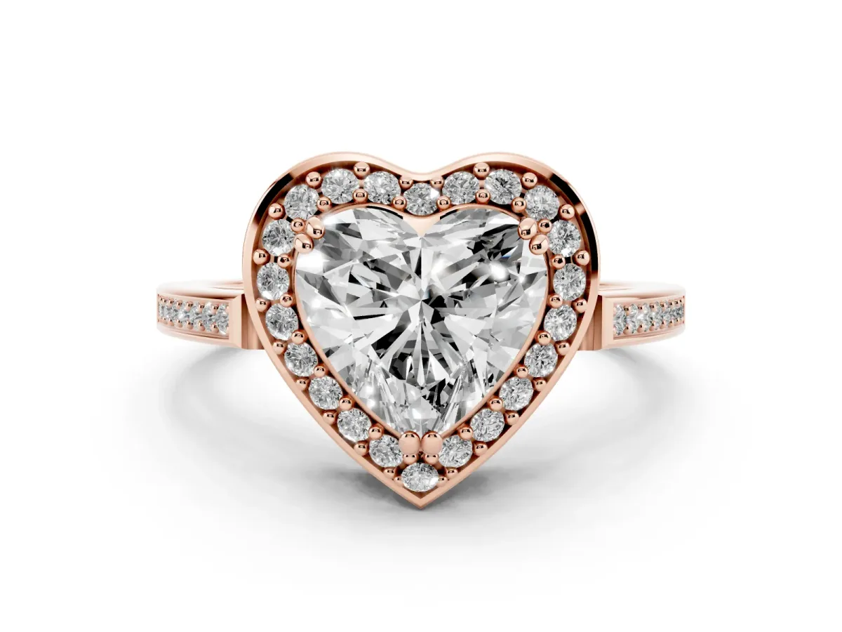 Heart Cut Diamond Halo Ring with Split Shank and Four-Prong Setting Rose gold