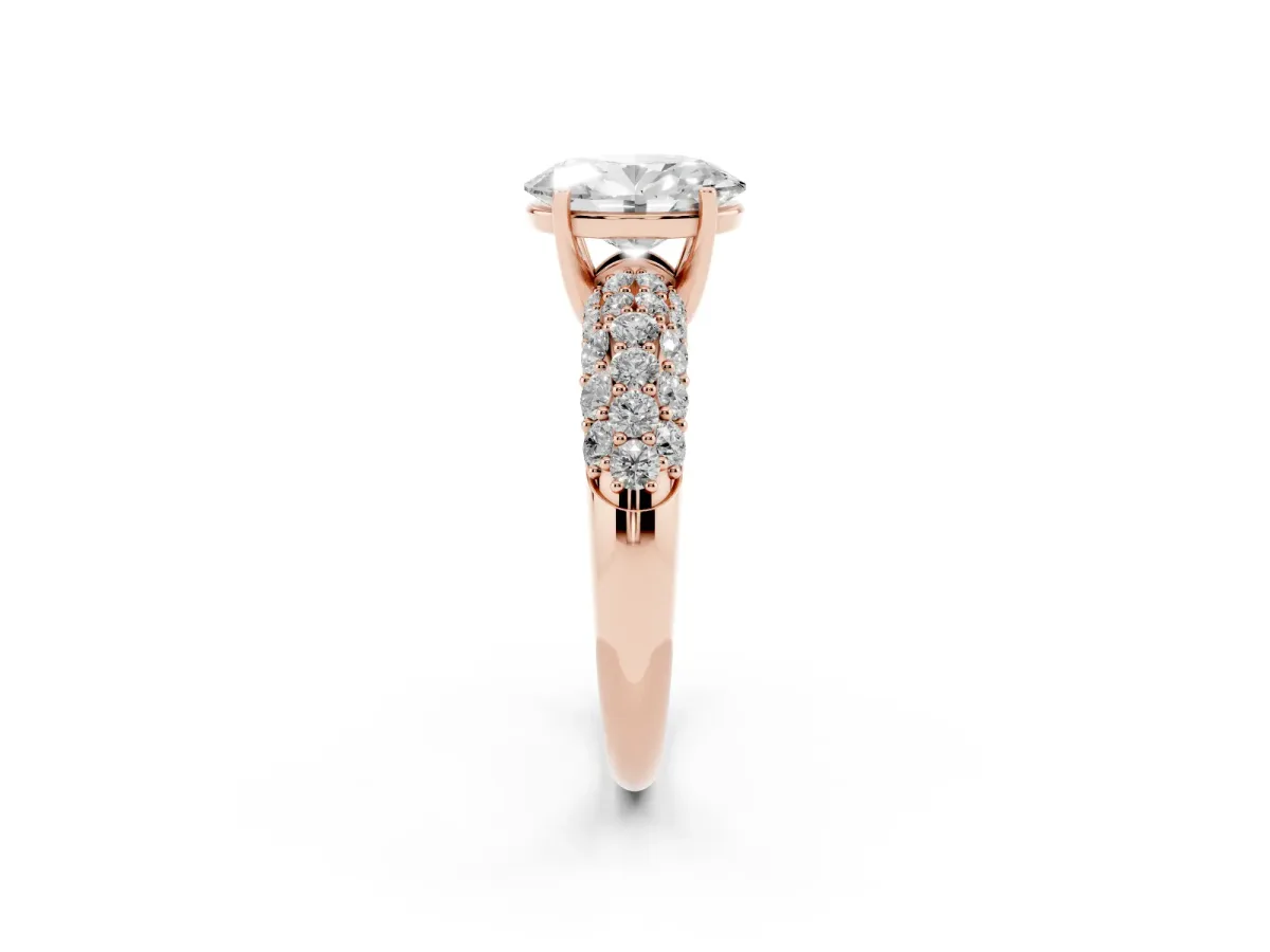 Oval Cut Diamond Pavé Band Solitaire Ring with Four-Prong Setting Rose gold